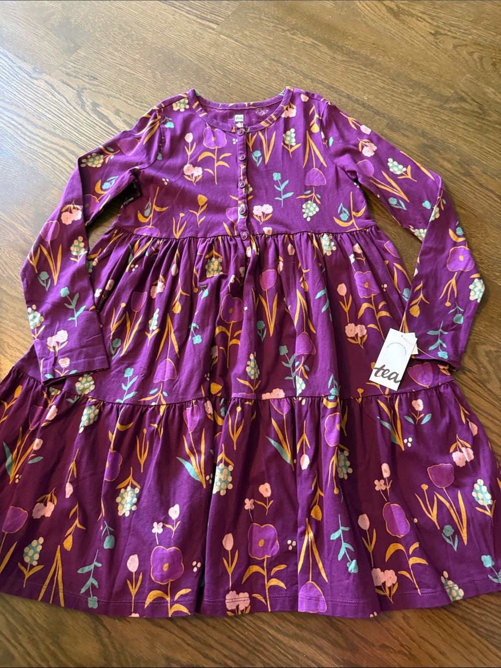 Tea Collection Purple Floral Tiered Long-Sleeve Dress